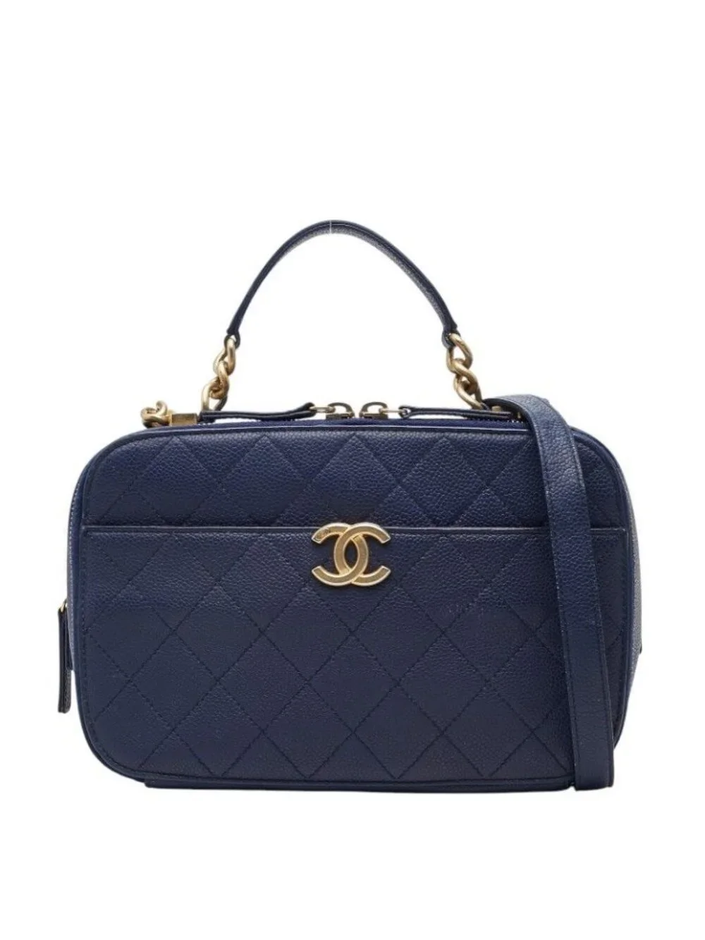 Chanel Quilted CC Logo Chain Shoulder Bag Vanity 2-Way Navy Gold Caviar Leather